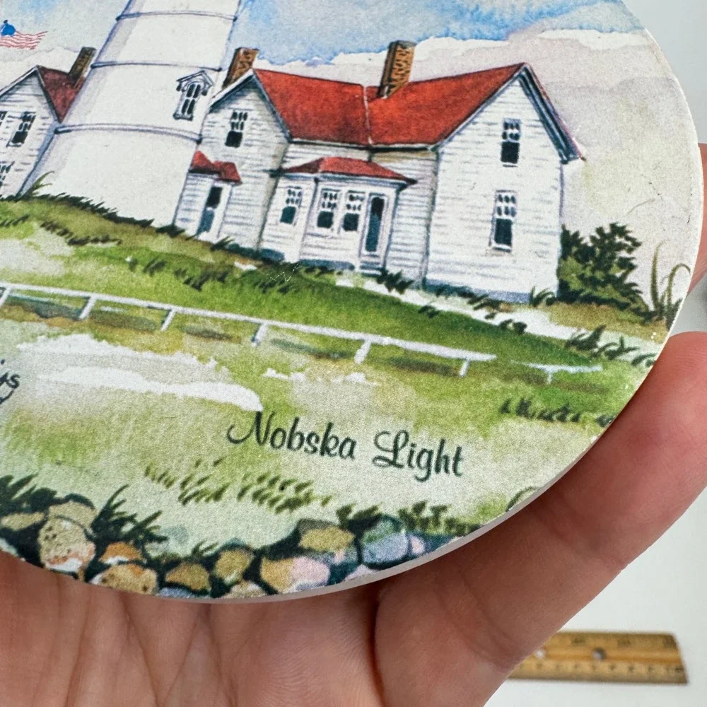 Donna Elias Art Nauset Beach Nobska Light House Round Coaster Stone Beach Theme